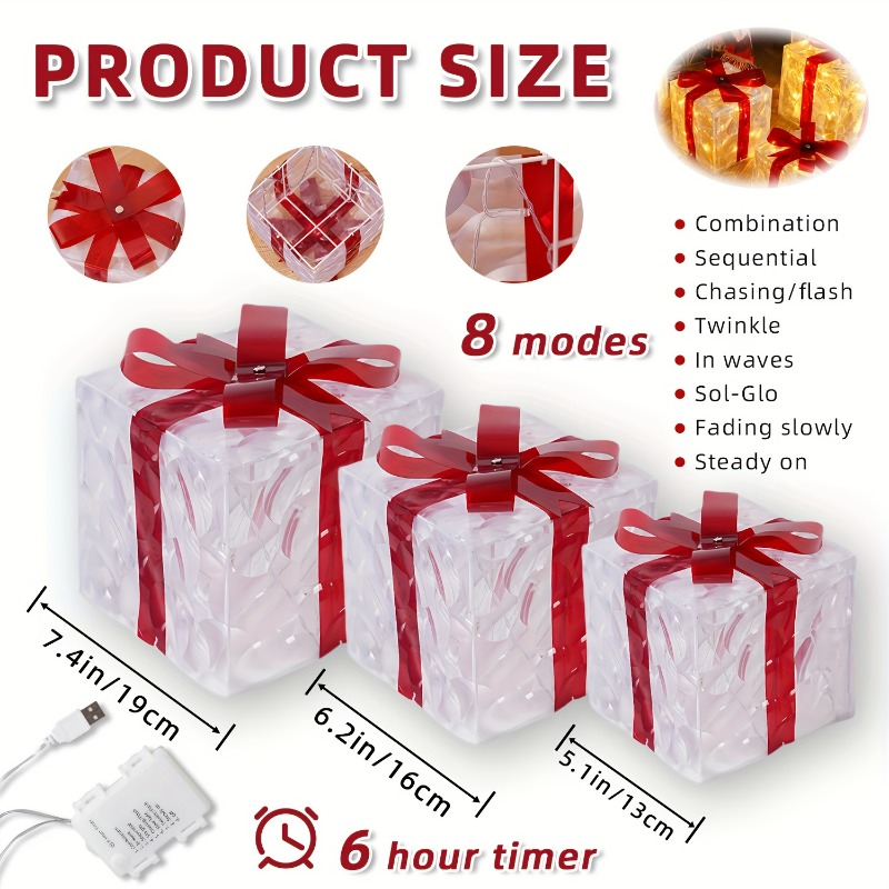 TEMU 3-pack, Christmas Gift Box Light, Transparent Warm Light Christmas Box Lamp, Battery/ Powered, 8 Of Flashing, With Timer Function, Suitable For