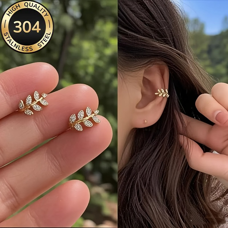 TEMU 1 Paire de Clous d'Oreilles à Clip Perçage pour Femme, Boucles d'Oreilles à Clip Réglables Fixation, Motif Feuille, Boucles d'Oreilles Élégantes