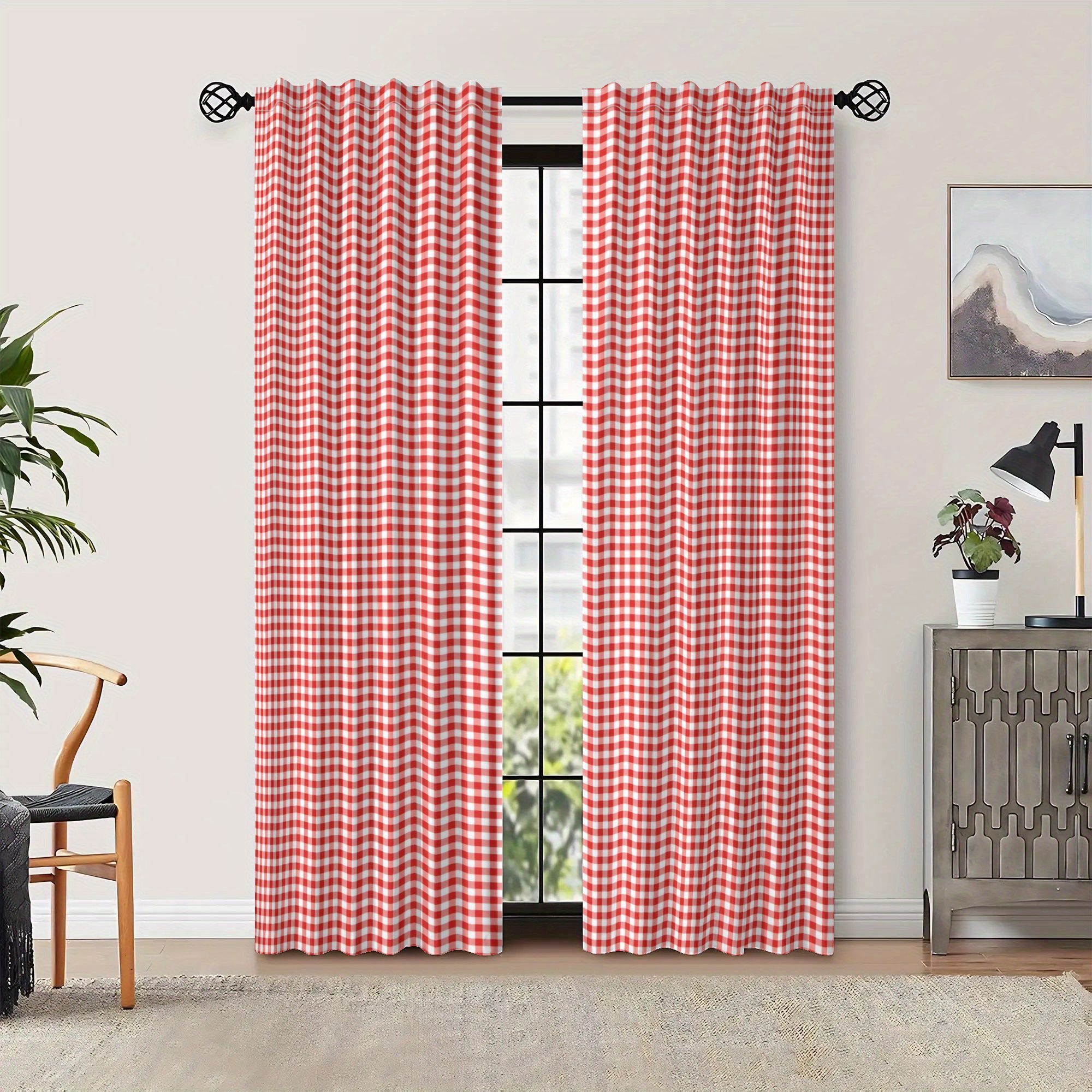TEMU Rideau Occultant Simple à Carreaux Rouges 2D Plane - Lot de 2 pièces | Style Vintage, Tissu Polyester Mat, Passe-Tringle, Lavable en Machine,