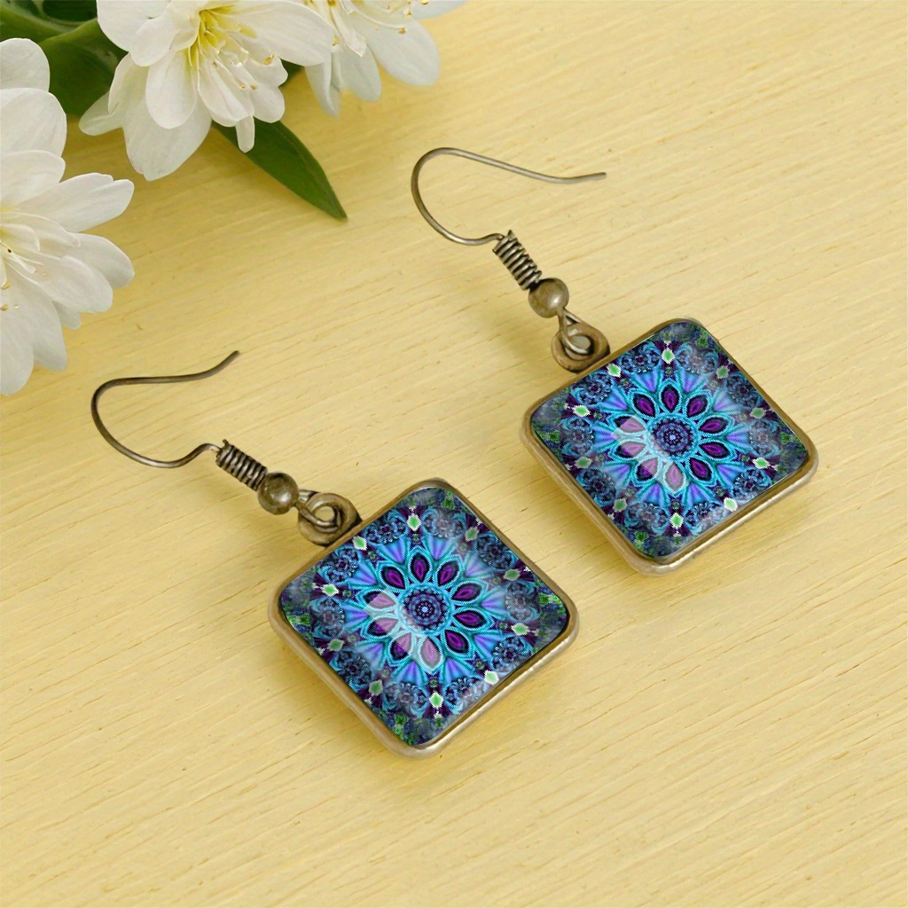 Blue Polish Art Flowers Heart Shaped Earrings