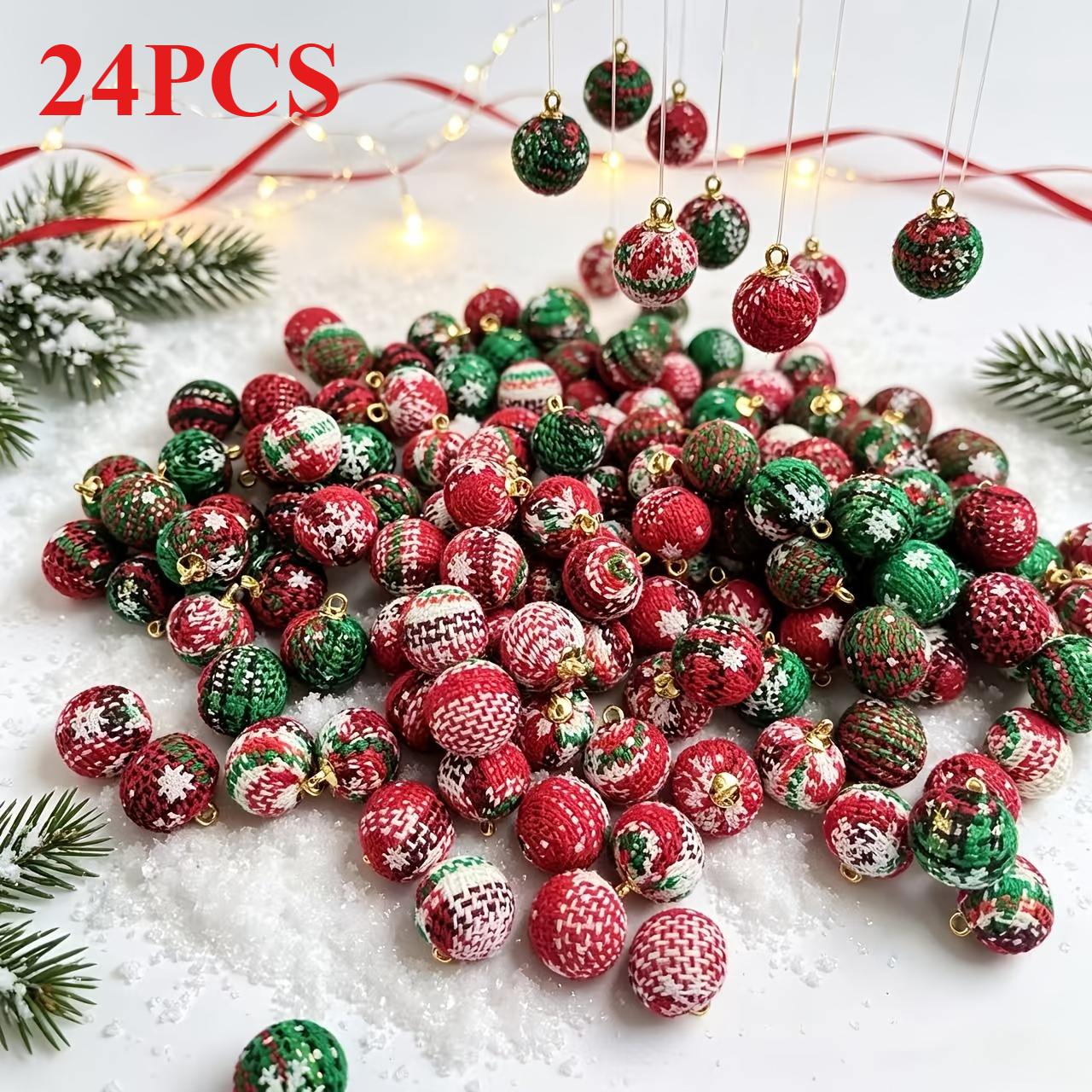 TEMU 24pcs Mini Fabric Wrapped Christmas Ball Decorations, Random Red, Green, And White Checkered Christmas Balls