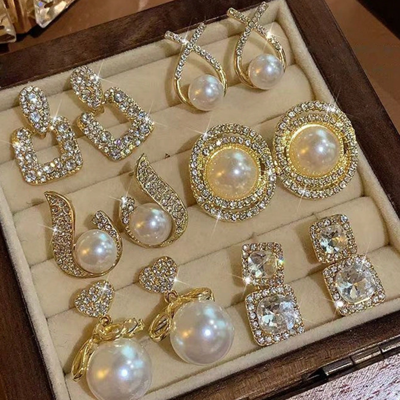 TEMU 6-pair Elegant Light Luxury Geometric Heart-shaped Earrings Set With Synthetic Synthetic Zirconia And , Daily Banquet Wedding Party Accessories,
