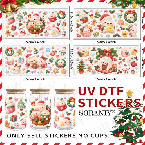 5pcs uv dtf transfer featuring colorful santa hats gifts wreaths and scarves patterns suitable for the exterior of 16 ounce cups used for diy decoration on smooth like vases phone cases and storage boxes 2d