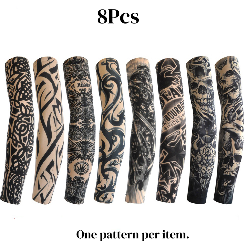TEMU 8pcs 8 Styles Tattoo Pattern Arm Sleeves Thin Fiber Sleeves Seamless Breathable Loose Fit Cooling Arm Covers For Cycling Driving Summer Outdoor