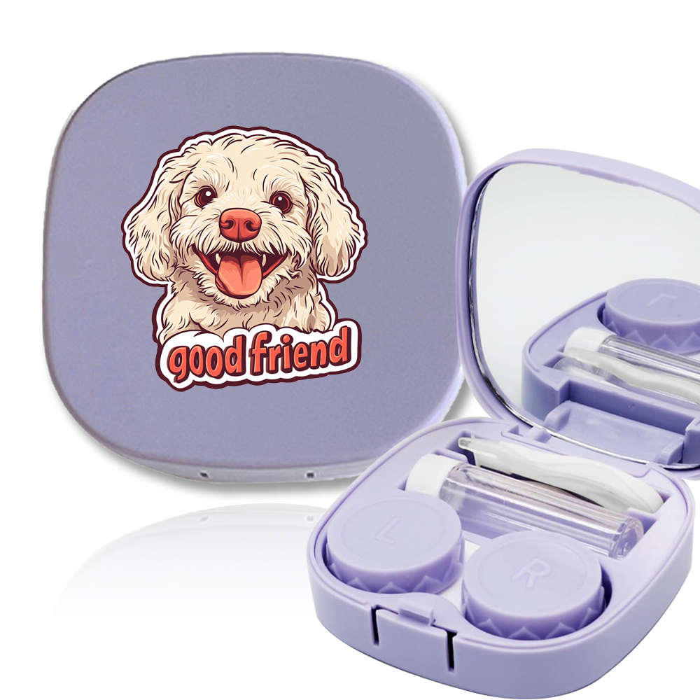 4pcs Adorable Puppy-Themed Contact Lens Cases with Mirror - Lightweight & Portable, Includes Tweezers & Solution Bottle, "Good Friend" Design, Ideal for Pet Lovers
