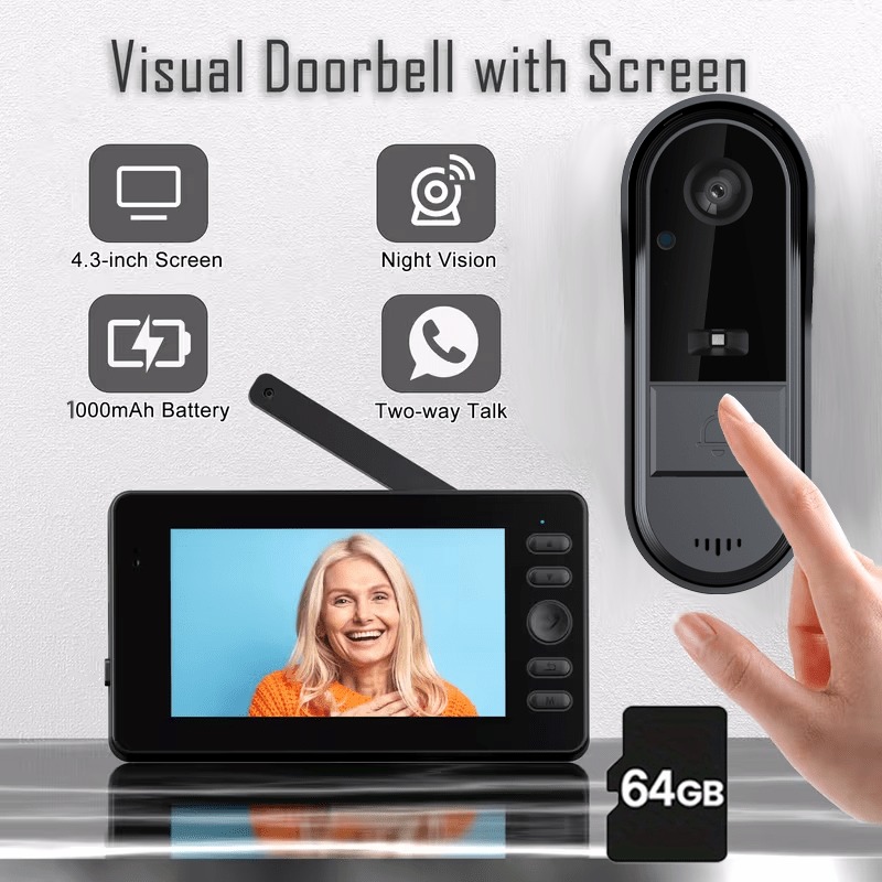 TEMU Caméra de Sonnette Fil, Sonnette avec Écran, Sonnette Intelligente, Écran d'Affichage 4,3 Pouces, Moniteur HD 1296P, Angle 170°, Sonnettes pour