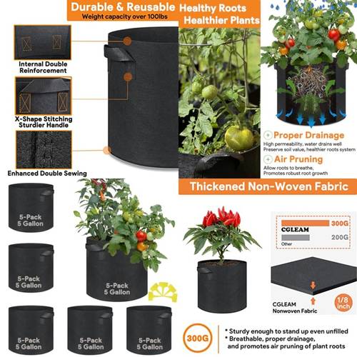 grow bags pack fabric pots 0g heavy duty thickened nonwoven plant grow bags with handles for vegetable tomato potato fruits flowers garden pots for plants indoor outdoor 12 h