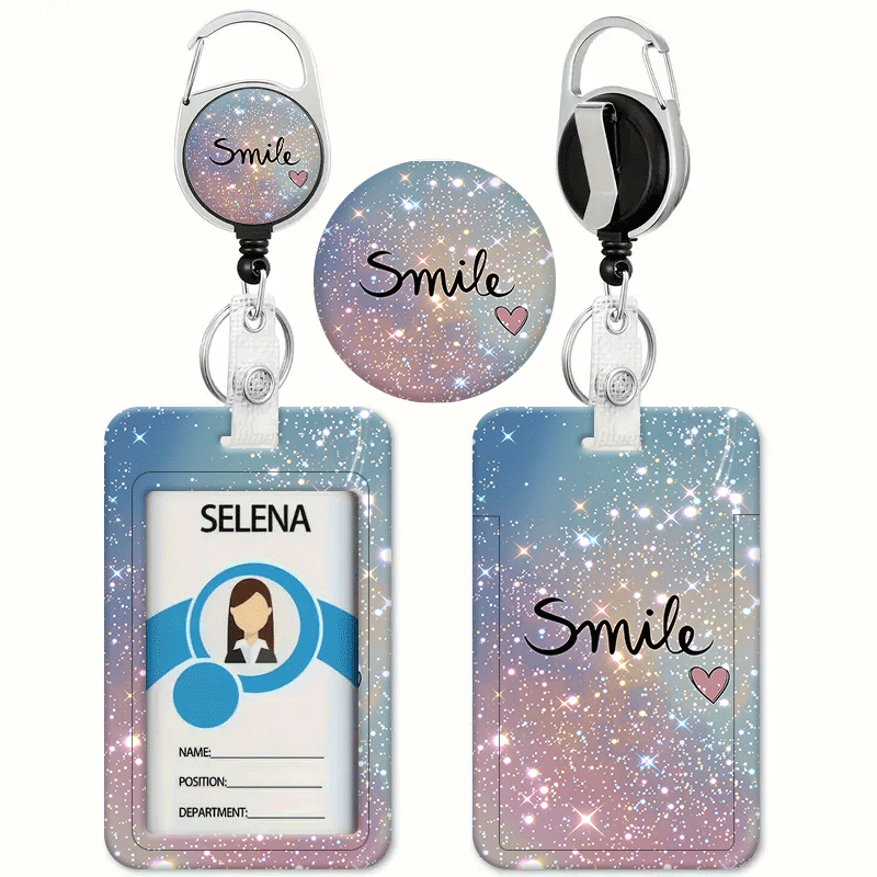 TEMU Starry Gradient Letter Pattern Id, Suitable For Bus Case - With Retractable Id Holder, Key Chain - Badge Clip - Applicable For Office, School,