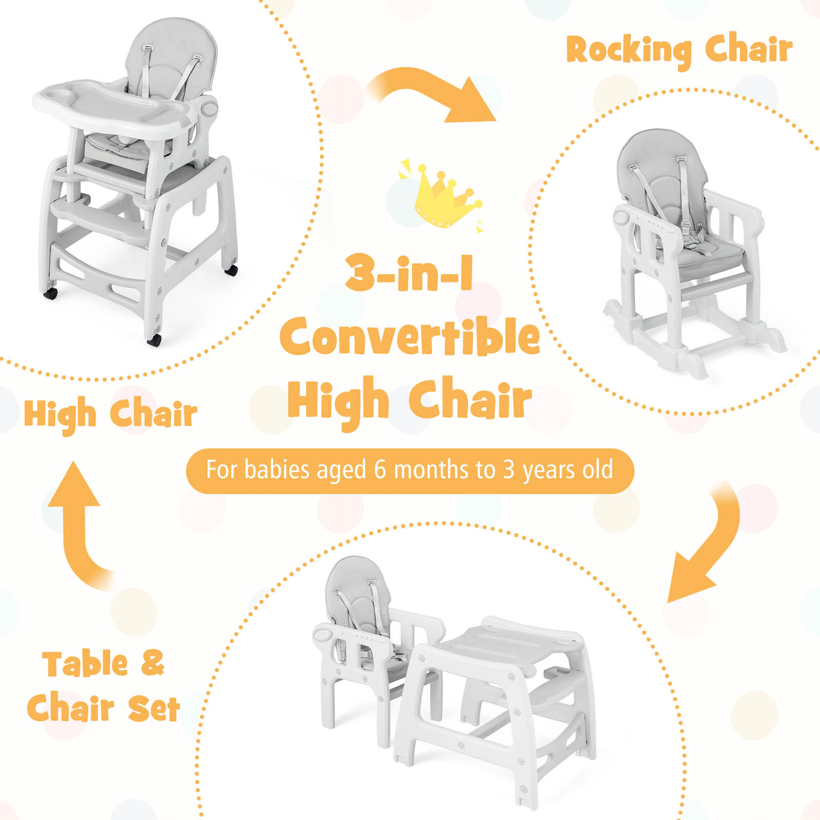 LIFEZEAL 3-in-1 Convertible Feeding Rocking Chair High Chair Table Set, Heavy-Duty 300lb Capacity with Booster Seat & Removable Tray, Adjustable Height, 5-Point Harness, Foldable Design, 360° Swivel, Safety Lock & Non-Slip Base, BPA-Free - Image 2