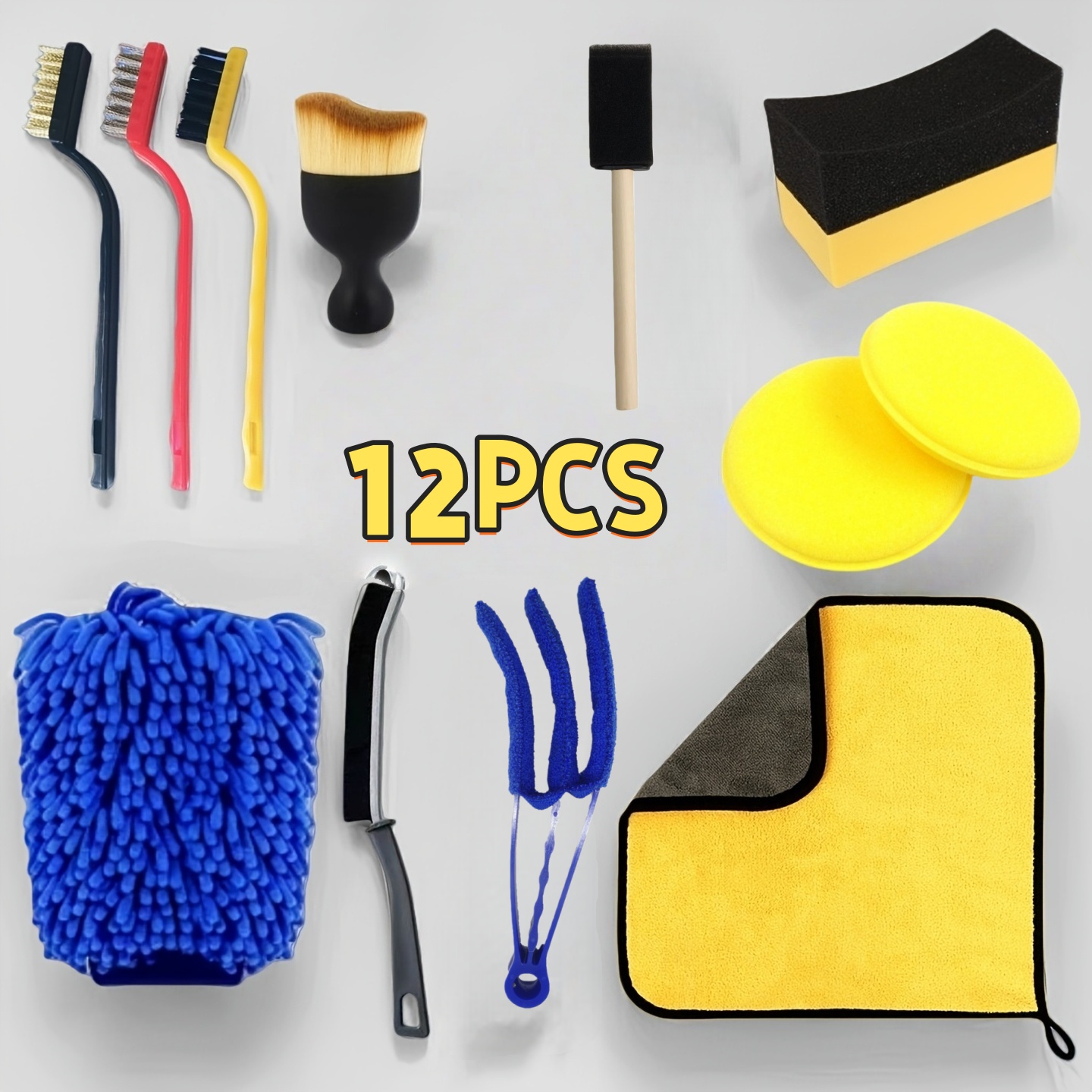 TEMU 12pcs Car Maintenance And Cleaning Kit, Car Interior And Exterior Fine Cleaning Tools, Includes Interior Sponge Brush, Wheel Brush, Towel,