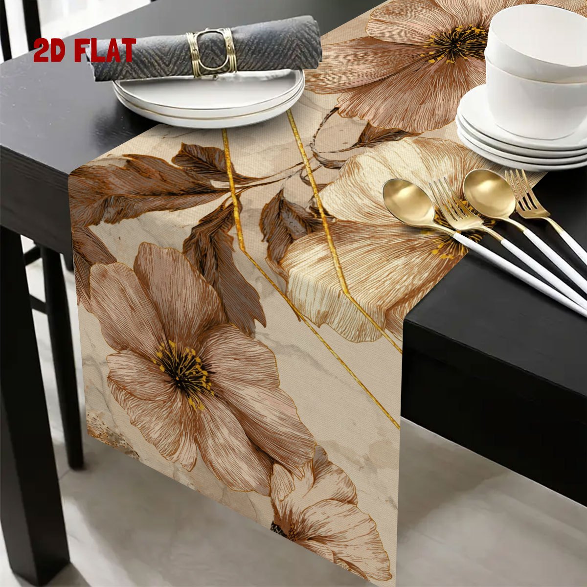 TEMU 1 stuk 2D platte tafelloper met marmertextuur en bloemen, basis met lichtbruine bloemen en gouden lijnen in een verweven ontwerp, eenvoudige