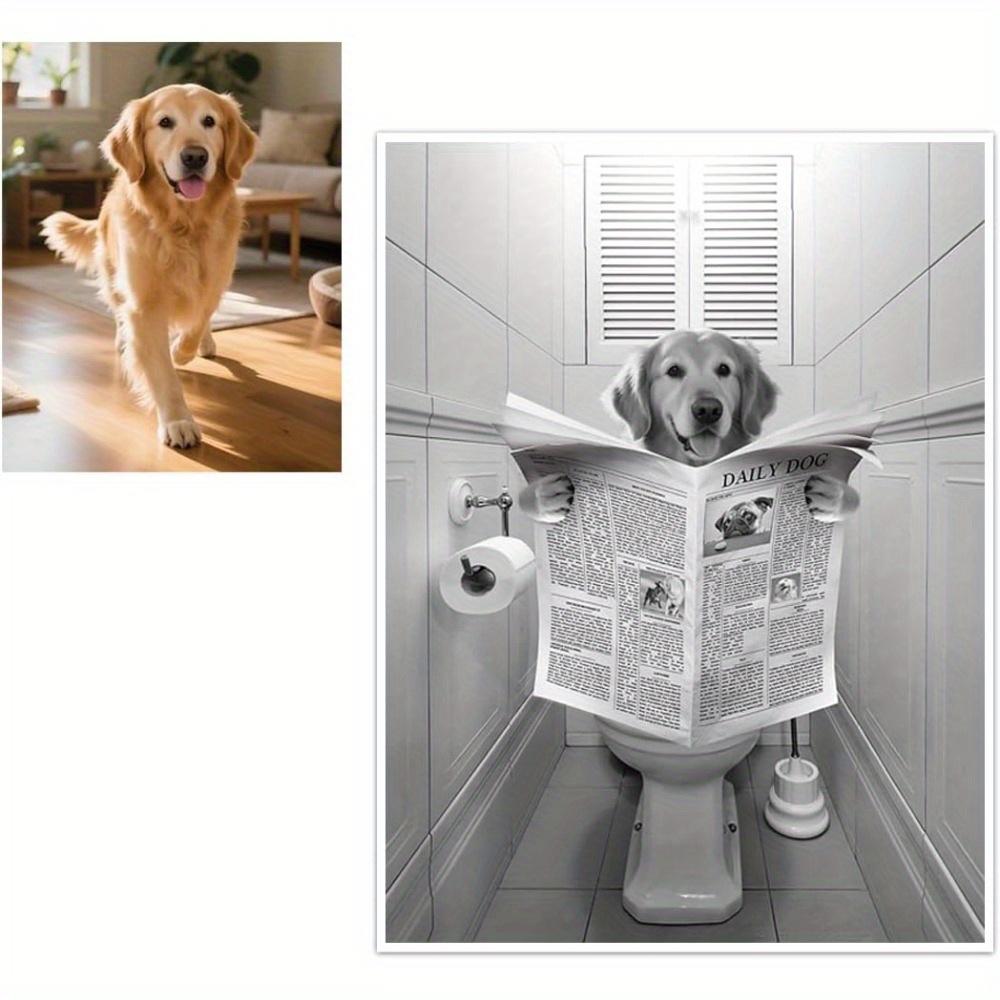 E-shop Personalisiertes Haustier-Porträt Foto Leinwanddruck mit Holzrahmen - Lustiger Hund auf der Toilette Zeitung oder sitzende , Individueller