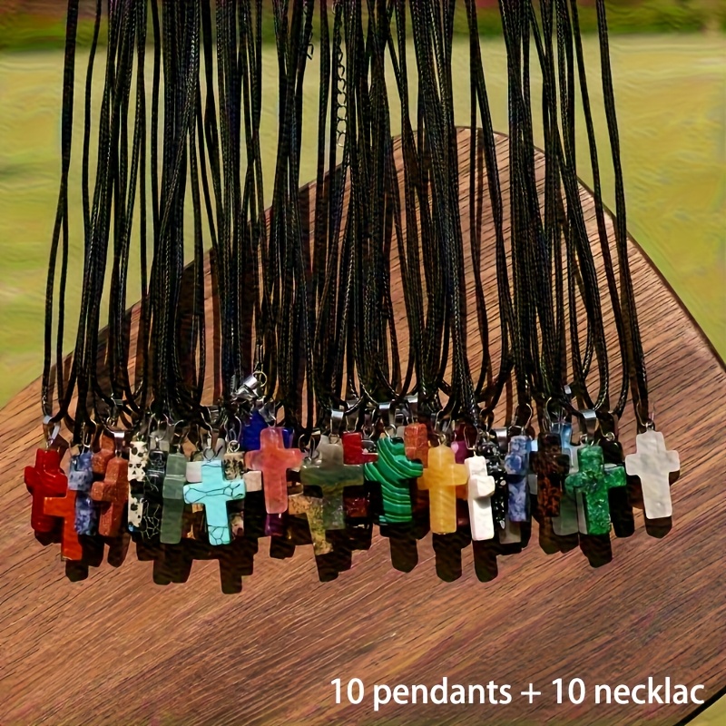20pcs Natural Stone Cross Pendant Necklace Set, Chakra Gemstone Quartz Cross Necklace Decoration With Black Leather Cord, Jewelry Making Suitable For Necklace Jewelry Making