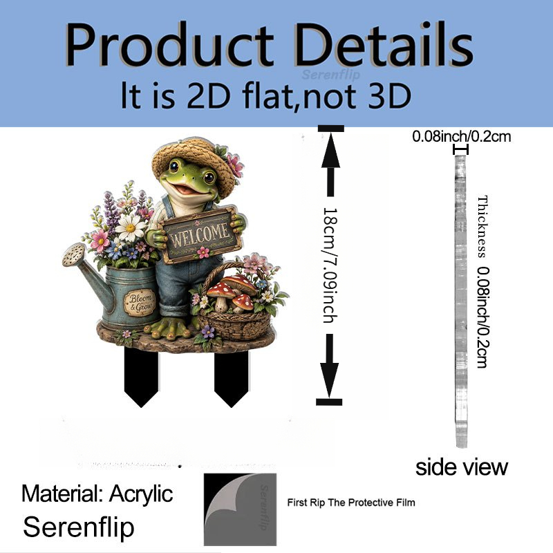 TEMU 2d Flat, [2d Flat] 1pc 2d Flat Acrylic Pointed Ground Plug, Frog Handheld Welcome Sign With Flowers, Used For Decorating Outdoor Courtyards