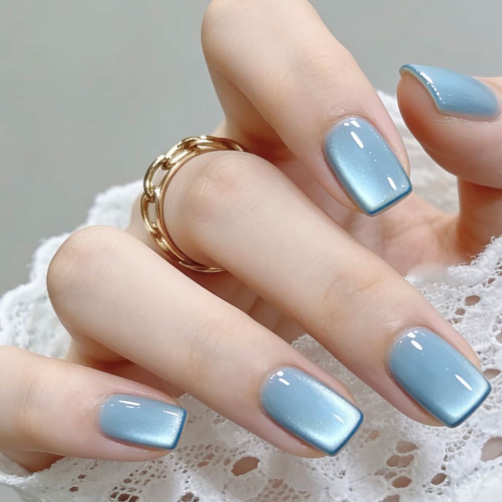 TEMU 24pcs Sea Salt Cat Eye Press-on Nails, Short Square Solid Color Nail Stickers, Glossy Transparent Minimalist Removable False Nails