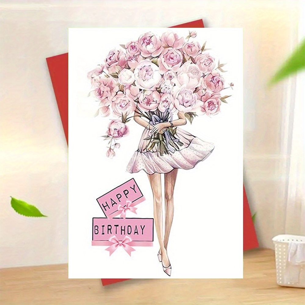 1pc Pink Floral Birthday Card, High-quality Paper With Envelope, - Elegant Ballet-themed Design With "happy Birthday" Banner, Suitable For , Family, Colleagues - , For Birthday Gifts
