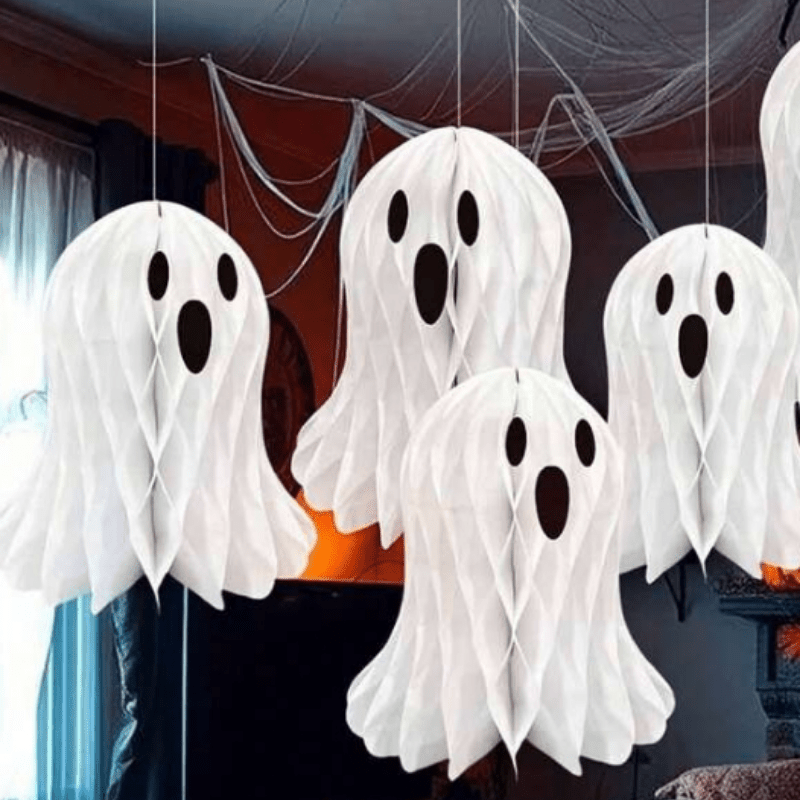 TEMU Set di decorazioni di Halloween con pompon di carta 2/4. Decorazioni con pompon di carta spettrale : decorazioni bianche , per feste di