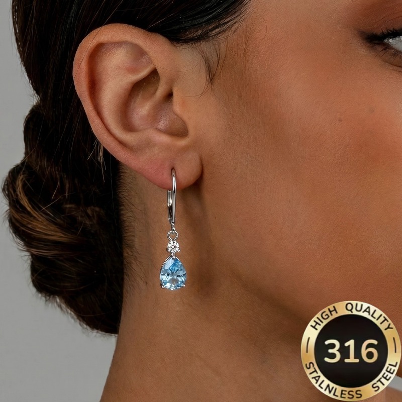 TEMU 1 Pair Of High-quality Steel Hypoallergenic Light Luxury Shiny Teardrop-shaped Light Blue Synthetic Synthetic Zirconia Drop Earrings For Women,