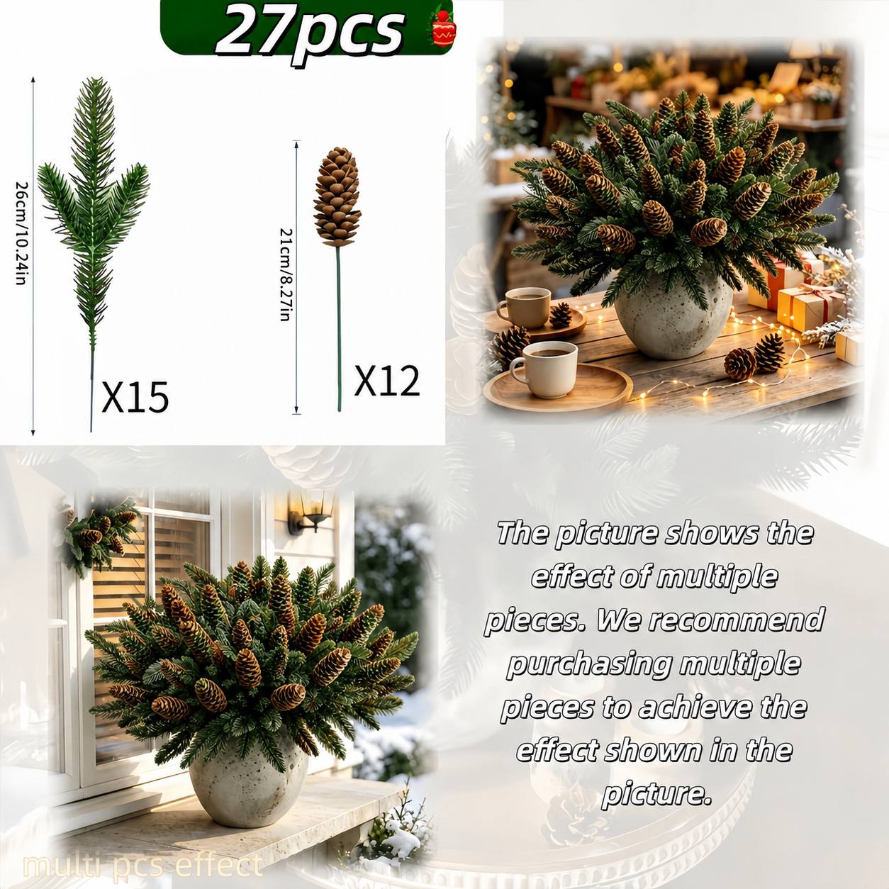 TEMU 27pcs Artificial Norfolk Pine With Faux Bouquet, Low-maintenance, Full Floral Decoration, Suitable For Garden, Porch, Fireplace, Wreath Diy, And