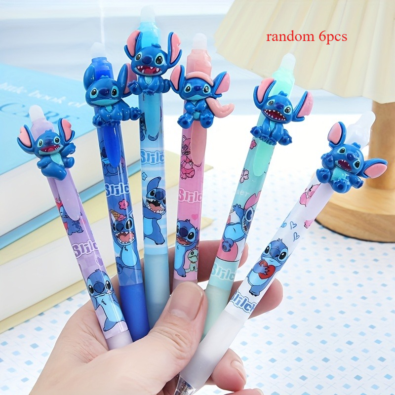 E-shop Stitch, Set mit 6 zufälligen blauen radierbaren Harz-Stiften, Druckknopf-Design, 0,5 mm Gel-Tintenspitze, eleganter Stil, geeignet für den