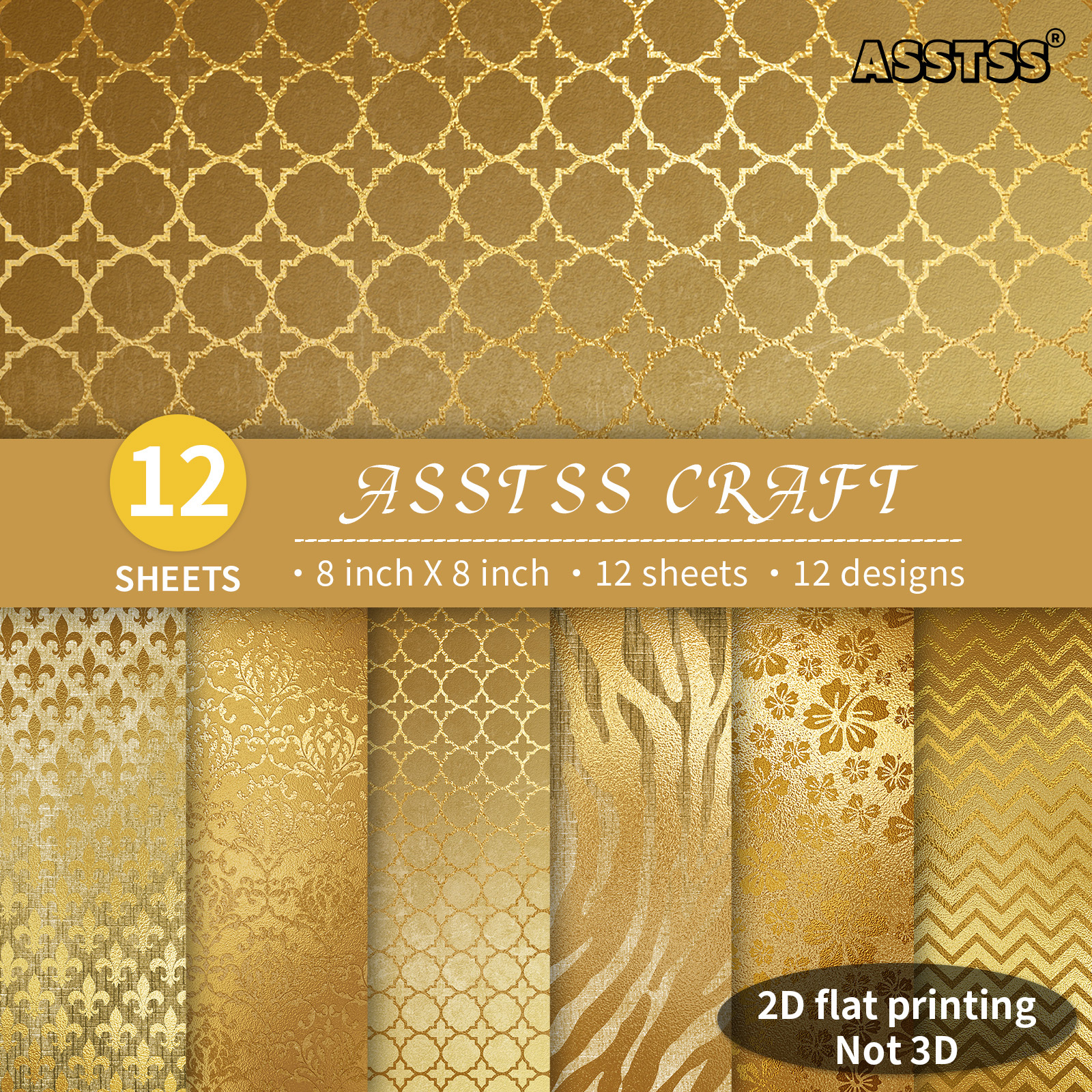 TEMU Lot de 12 feuilles de papier scrapbooking ASSTSS de 8 x 8 pouces, papier de base de style vintage avec texture dorée de luxe plane/2D, papier