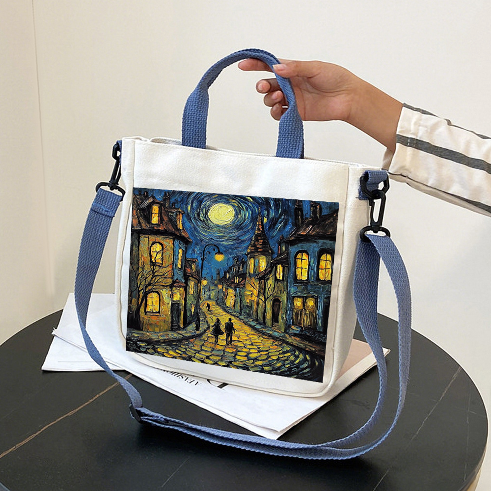 

1pc Van Starry Night Print Canvas Tote Bag, Adjustable Shoulder Strap, Detachable, Soft Fashionable Daily Use Bag With Closure, Hand Washable