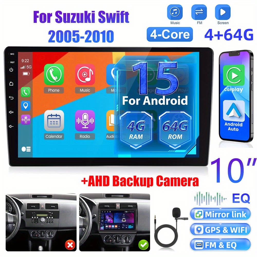 [4+64g] 10 Inch 15 Radio Double Din Car Stereo For Swift 2005-2010 With Auto, 1080p Touch Screen Radio Wifi/ / Fm/ Swc/ / Backup Camera/ Mic/ 32 Eq, Without Battery