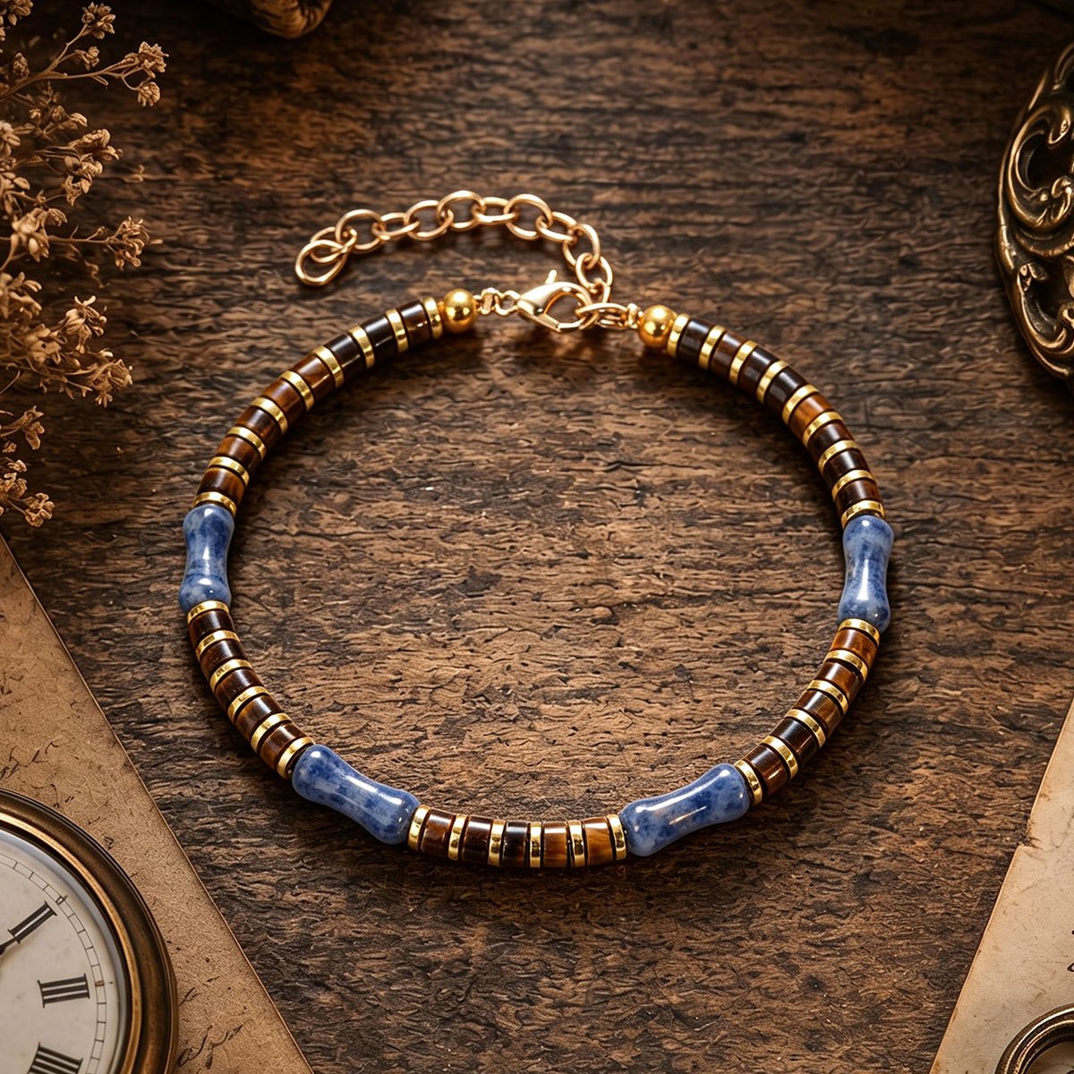 Sodalite & Tiger Eye Bone Bead Bracelet with Adjustable Golden Chain