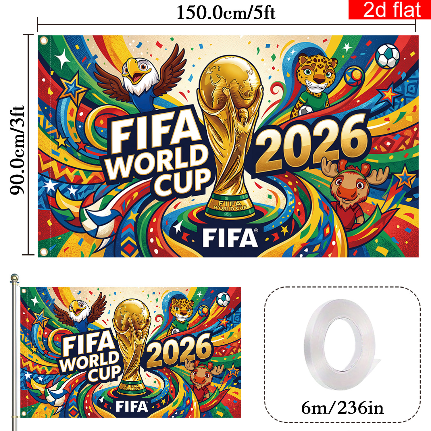E-shop 2D-Flach, 2D-Flach-Banner, . 2026 Fußball-Weltmeisterschaft Flaggen-Banner, 3*5 Fuß, einfach aufzuhängen, , mit Fußball-Weltmeisterschaft-Pokal