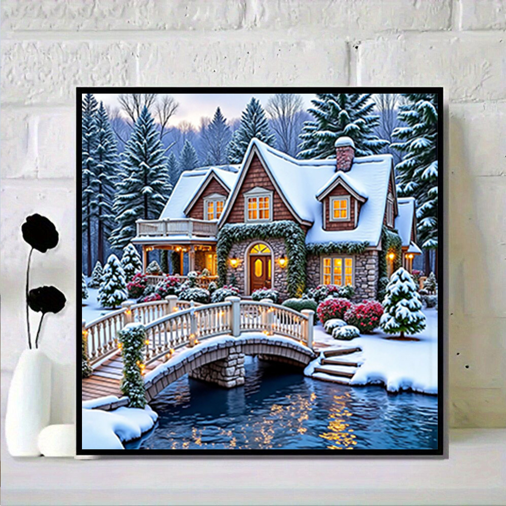 TEMU Kit de peinture diamant 5D Villa scène de neige hivernale, nouveau design, pierres acryliques rondes étincelantes, cadre, décoration intérieure,
