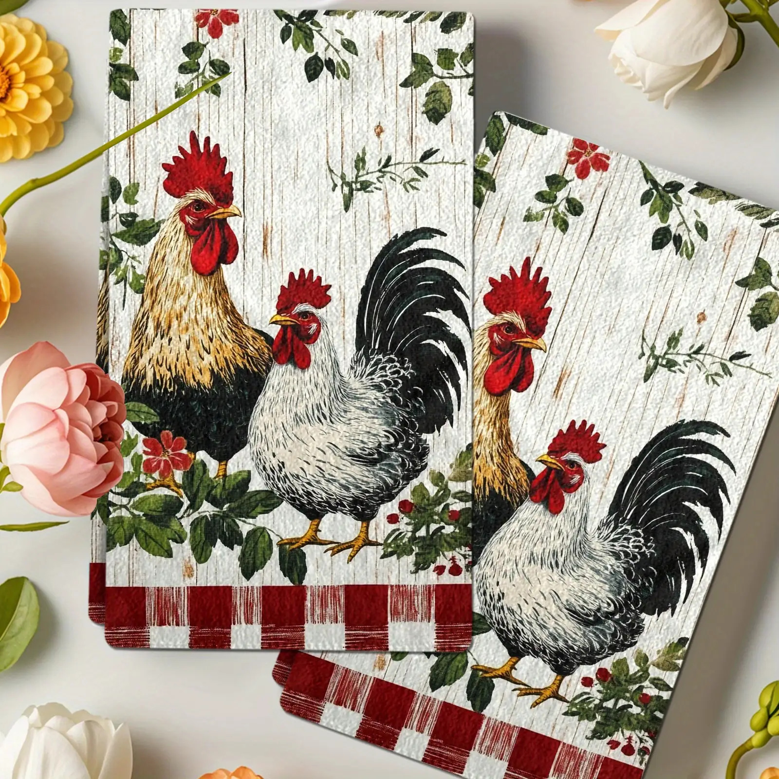 TEMU 2pcs Chicken And Hen Kitchen Towels- Green Leaf Red And White Checkered Design, Super Absorbent Microfiber Material, Cooking, Baking, And