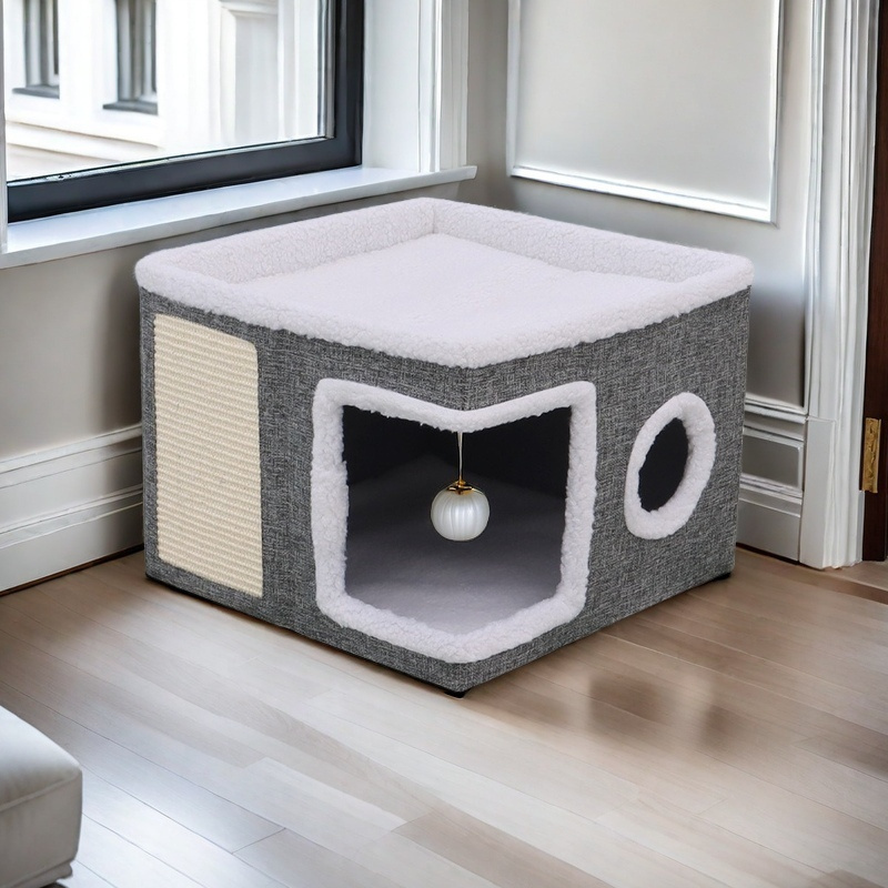 

Luxury Multi-story Cat House With 2-tier Bed, Play Tunnel, Foldable Sofa, Scratching Rope, Pad - Cozy Indoor Cat Cube Bed With Plush , Nylon Frame, Canvas Material, Four-season Enclosed,