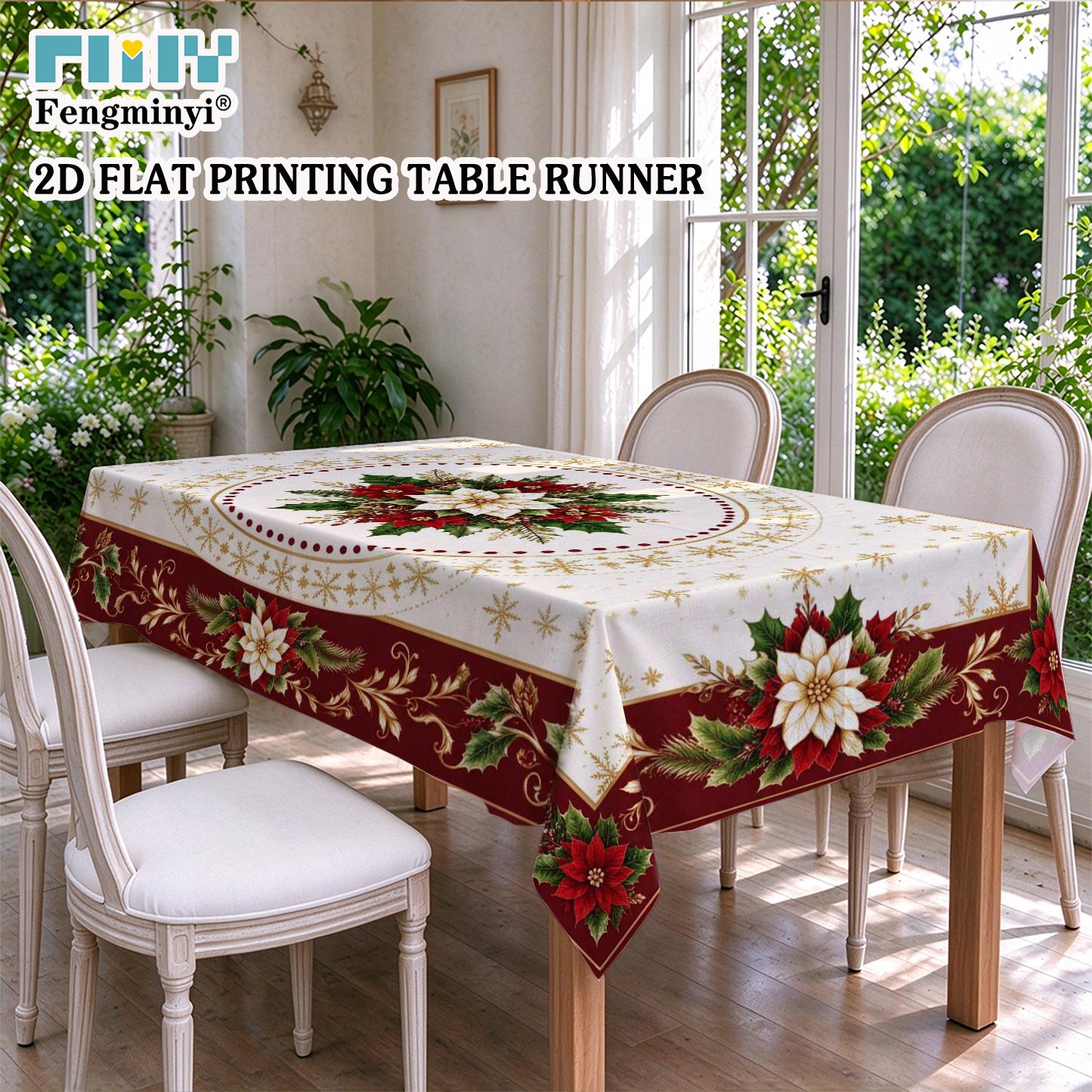 TEMU 2d Flat Tablecloth, 1pc, Christmas-themed Style Featuring Festive Holly And Poinsettia. Suitable For Home Kitchens, Dining Rooms, And As A Table