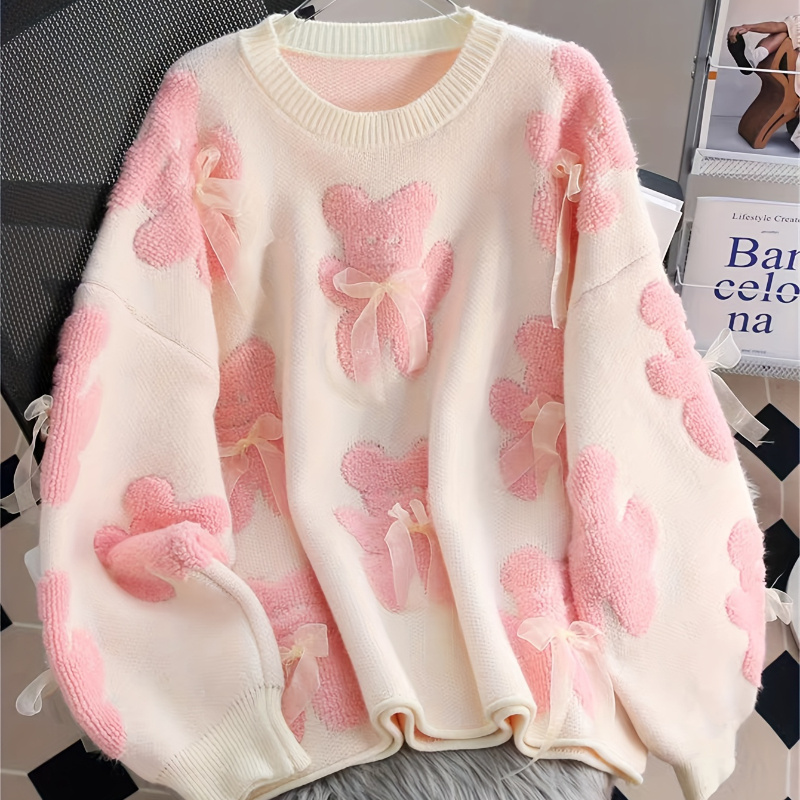 

An Elegant Bear And Bow Knitted Sweater, Women's Round Neck Pullover - Suitable For Spring/autumn And Winter, Women's Sweater