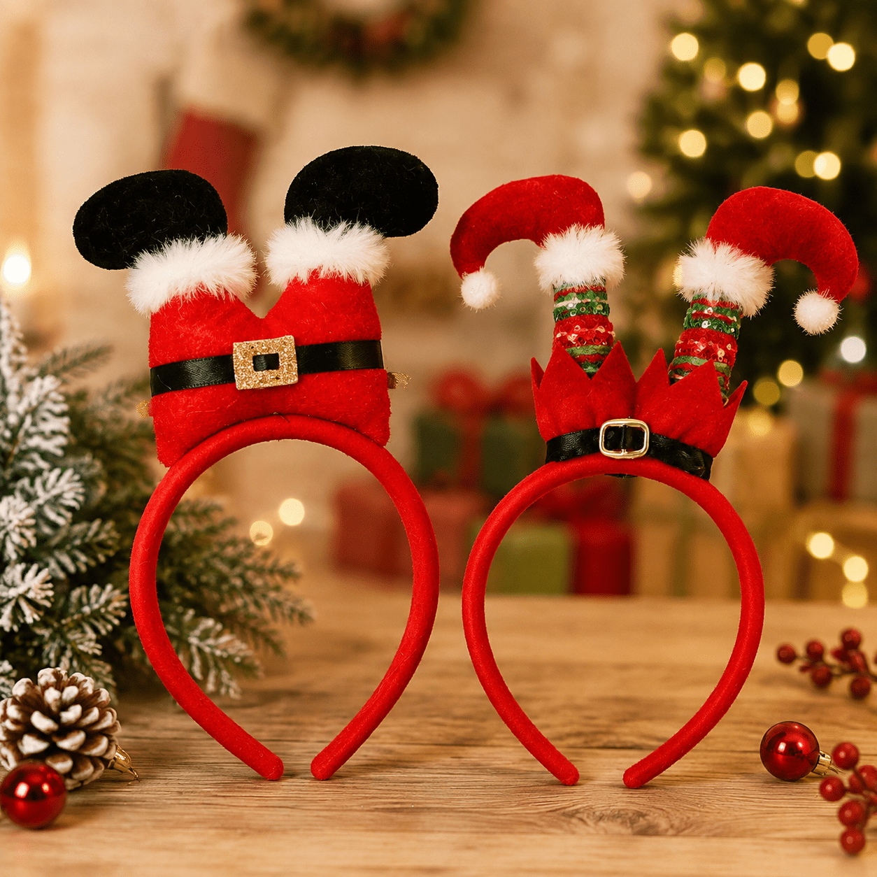 TEMU Christmas Theme Party Headwear Set Of 2 Santa Elf Flannel Headband For Christmas Gifts For Girls, Fashion New Year Hair Accessories Headband