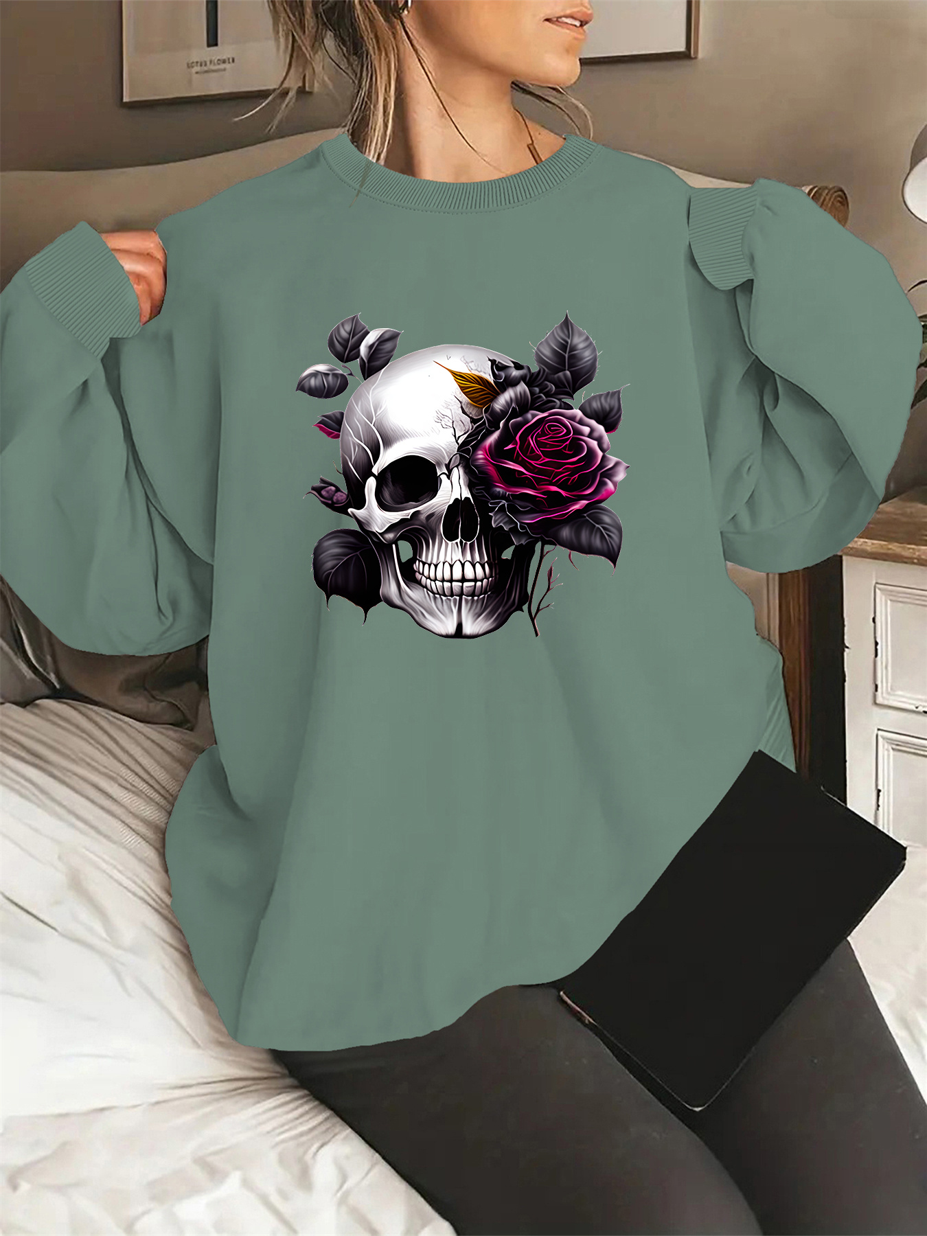 moletom feminino estilo gótico com estampa floral e   -    ,   redonda, lavável na máquina, casual para   as  ,   de cores diversas,  , tecido  , roupa confortável, streetwear  