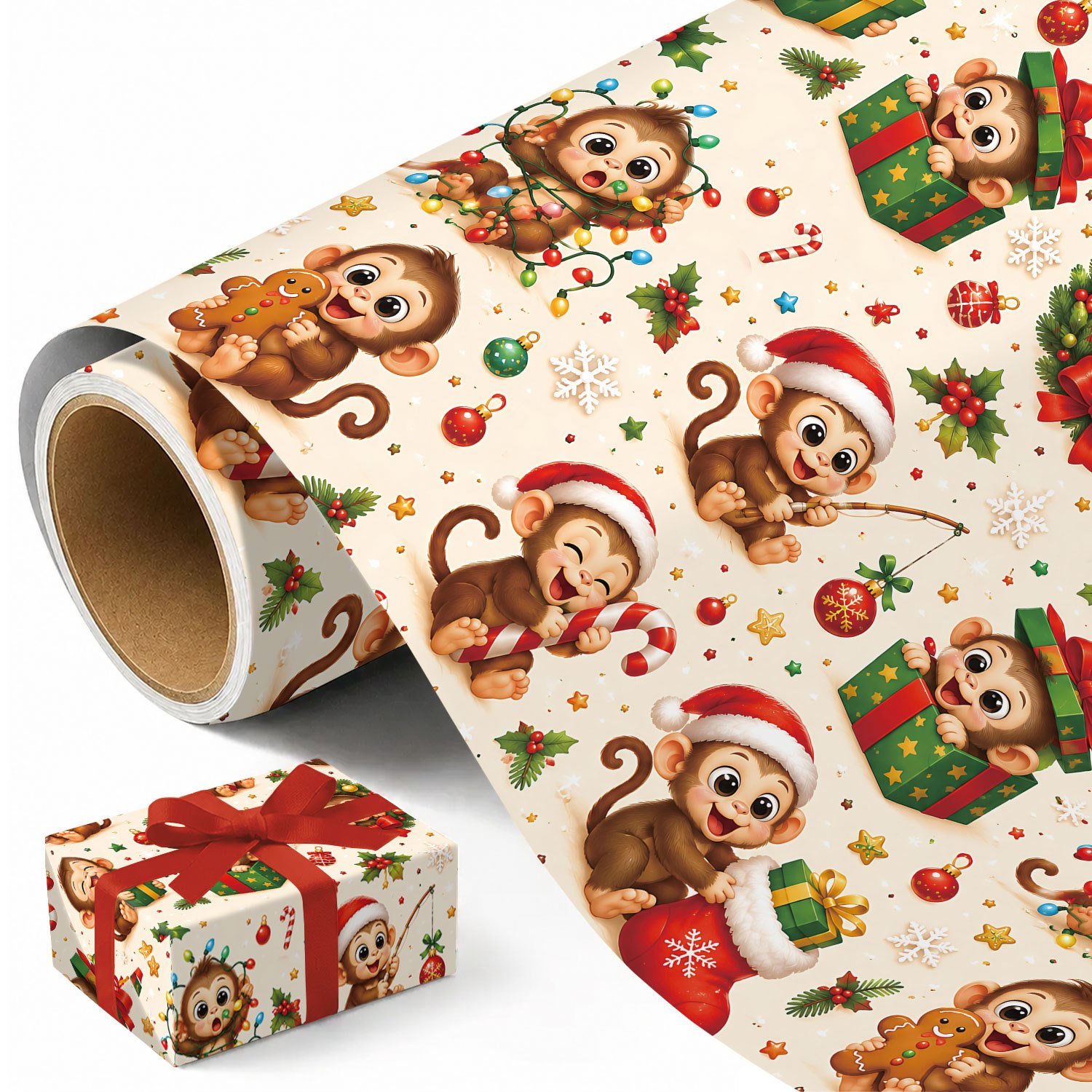 TEMU 1 Rouleau de de Noël Singe, de Fête avec , Chapeaux de Père Noël, Couronnes, Boîtes Cadeaux, Bas de Noël, Cloches, Houx, Bonbons de Noël, Boules