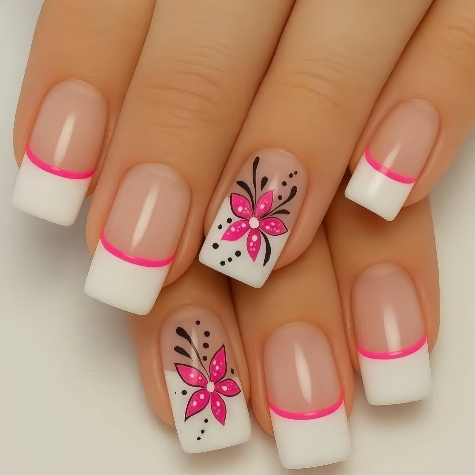 TEMU 48pcs Of Pink French Style Medium To Long European Square , European And American Fashionable With Elegant And Simple Flower Pattern Detachable Wearable Nail, Suitable For Women