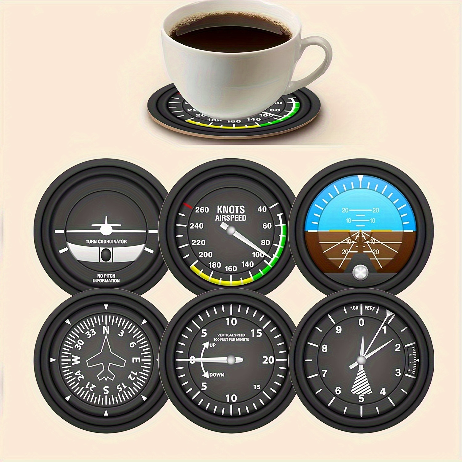 Image of 6pcs Aviation-themed Airplane Cockpit Cup Coasters - Wood Flight Instrument Suitable For Home, Restaurant, Bar Decor - Ideal Gift For Pilots & Aviation Enthusiasts (hand Washable), 2d Flat