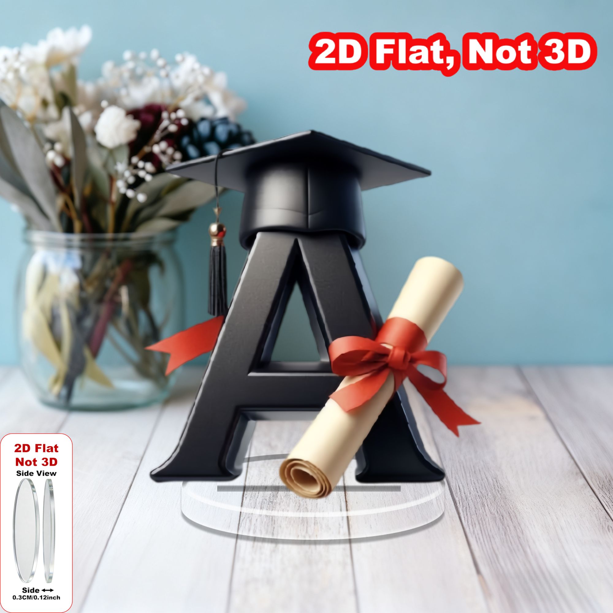 TEMU 2d Flat, 1pc Graduation Cap Figurine With A-z Letters & 0-9 Numbers - Acrylic Tabletop Ornament Suitable For Graduate Cap Decoration, Desk Shelf