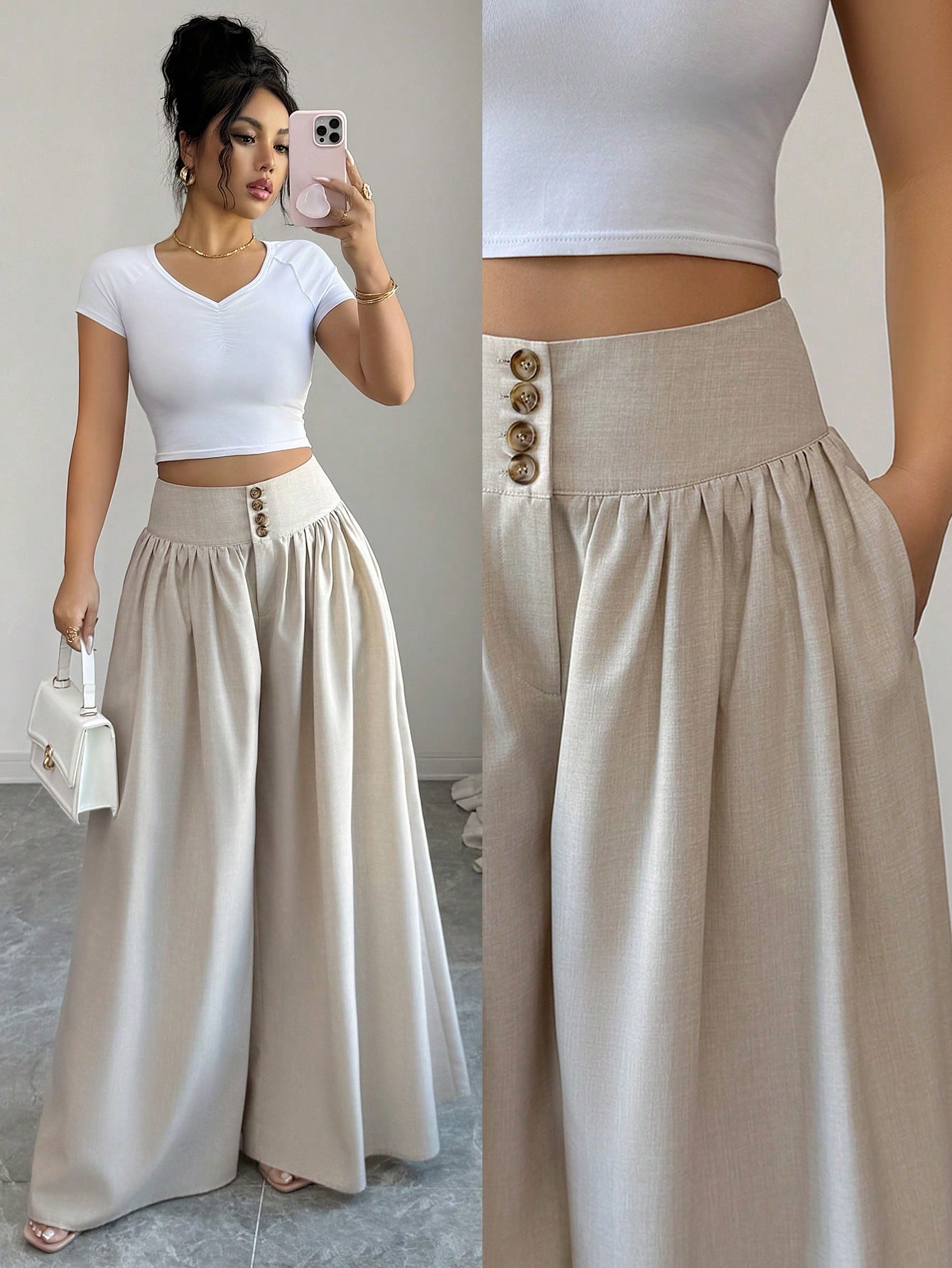 Womens Spring Summer Waist Cinching Long Wide Leg Pants