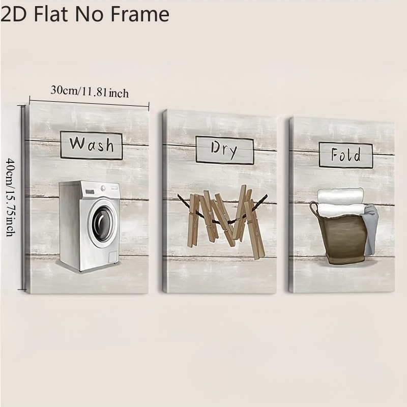 TEMU 2d Flat, 2d Flat, 3pcs 2d Flat Laundry Room Canvas Wall Art, Vintage Rustic Farmhouse Style Laundry Sign Decor, Holiday Gift, For Christmas,