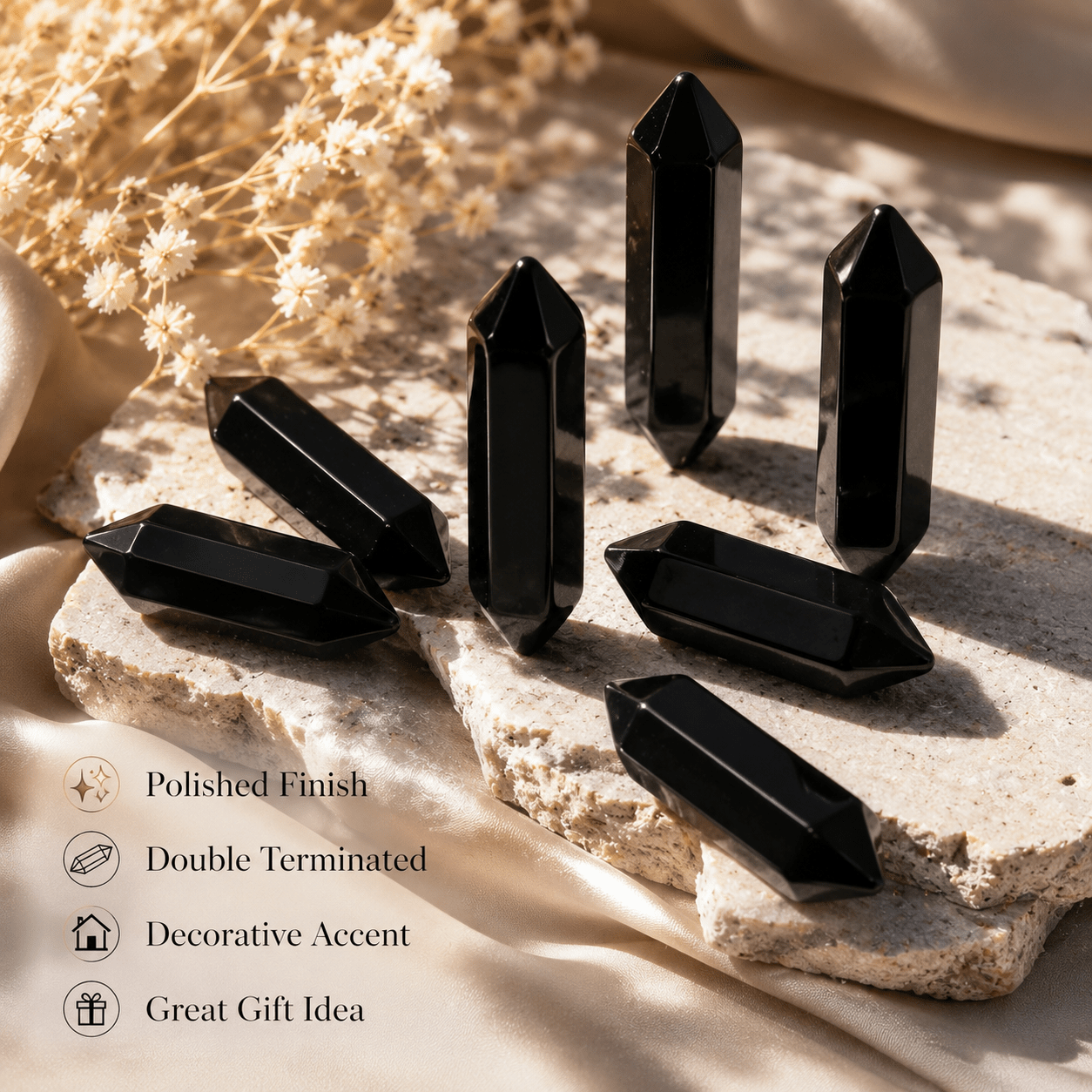 Natural Black Obsidian Stone, Smooth Double-Sided Hexagonal