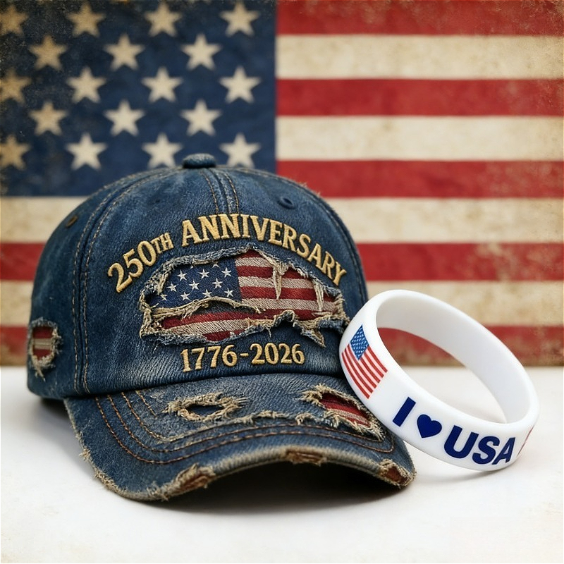   commemorative set embroidered distressed denim baseball cap with free bracelet 250th anniversary   american theme gift