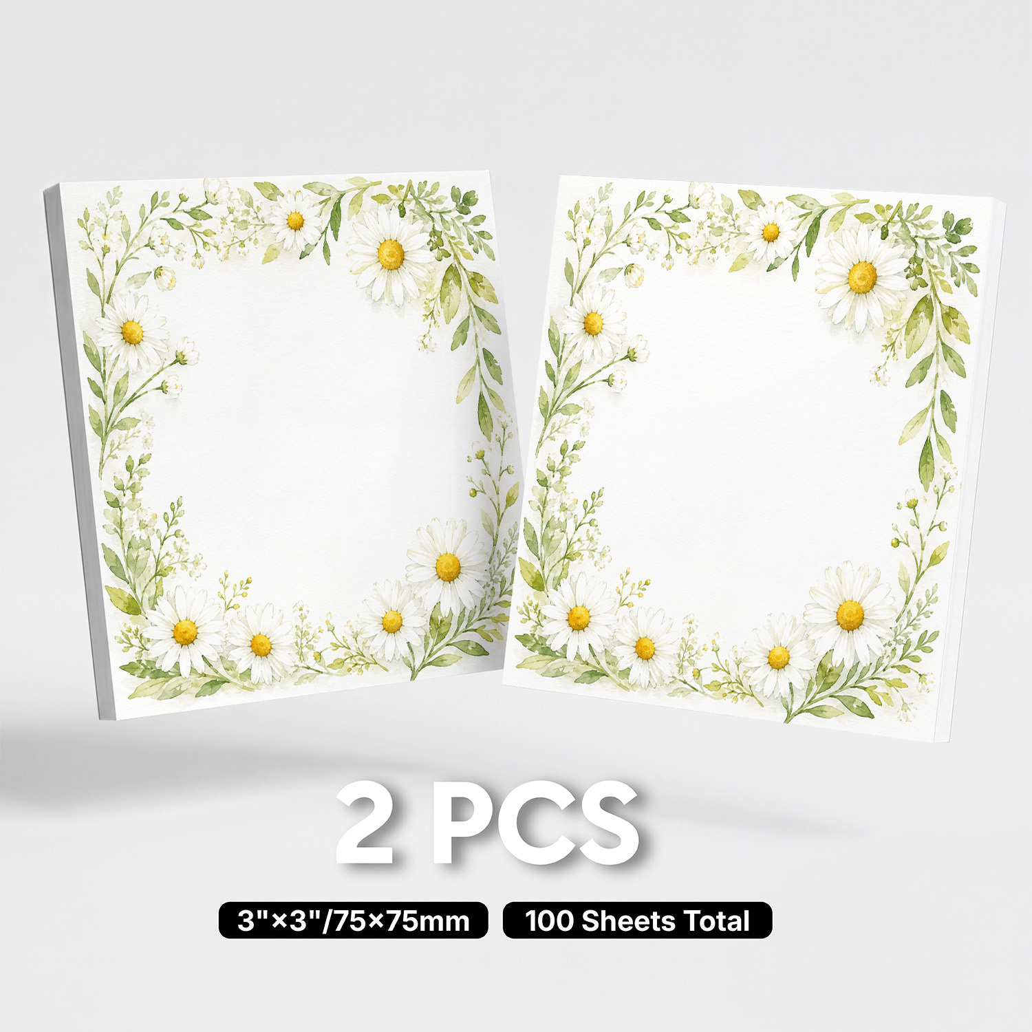 TEMU 2pcs Daisy Sticky Notes Suitable For Planner, Removable Self-stick Adhesive Memo Pads With Watercolor Botanical Floral Sheets, 100 Sheets Total,