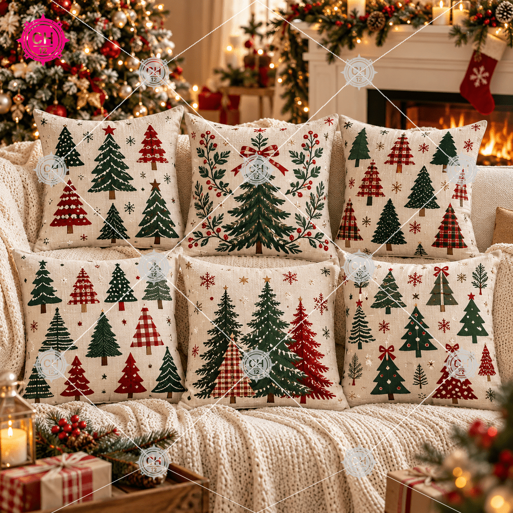 printed design not textured 6pcs set 2d flat print christmas tree pattern   snowflake accents red and green contrast colors christmas   warm winter atmosphere sofa and bedroom decoration pillowcase home decor no pillow