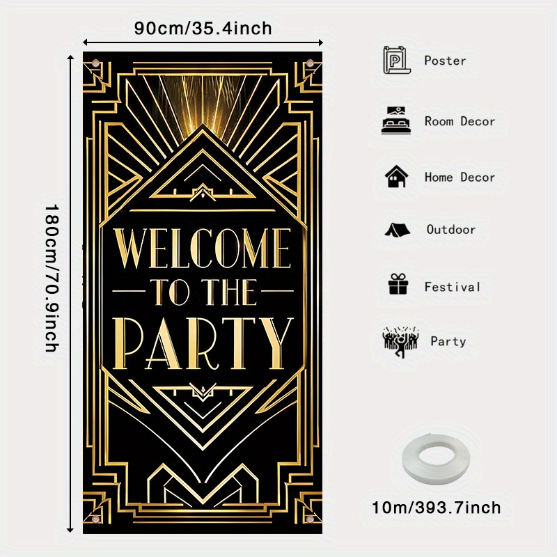 E-shop 2D Türbanner, Glänzendes Schwarz & Goldenes Geometrisches "Willkommen zur Party" Türbanner - Polyester, für Geburtstags- & Besondere