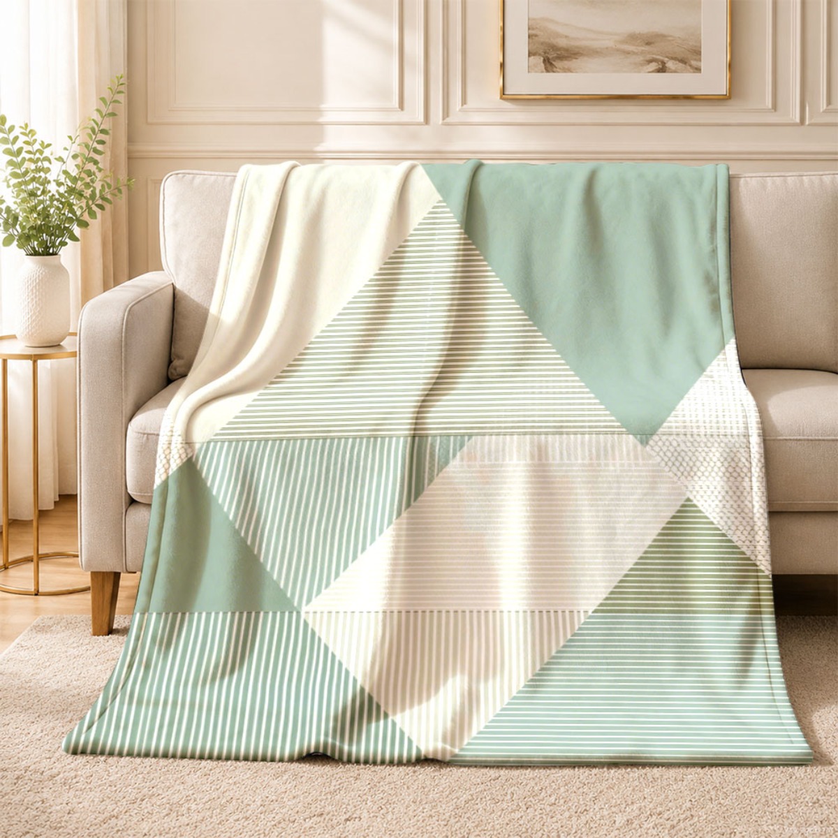 TEMU 2d Flat Printing 1pc Mint Green Geometric Striped Triangle Pattern Cozy Blanket Lightweight Comfortable Warm Flannel Suitable For Bedroom Soft