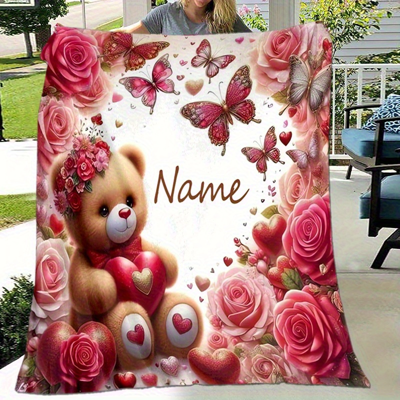 Personalized Cartoon Rose And Teddy Bear Flannel Blanket - Soft, Warm, _ Sofas, Beds, Camping And Travel, Ideal Gift For All, Ideal For Spring And Summer, Sofa Blanket, Office Blanket, Room Blanket