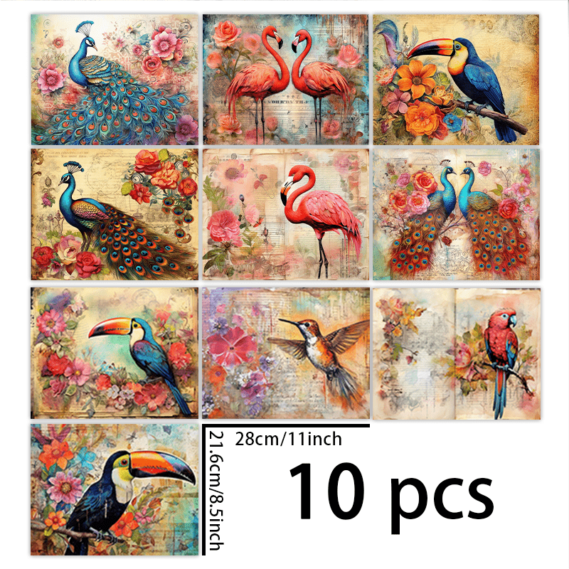 TEMU 1 Set Of 10 Sheets (11*8.5 Inches) Floral Peacock Red- Crane Background Material For Decoration, Diary, Junk Journal, Greeting Card, Planner, ,